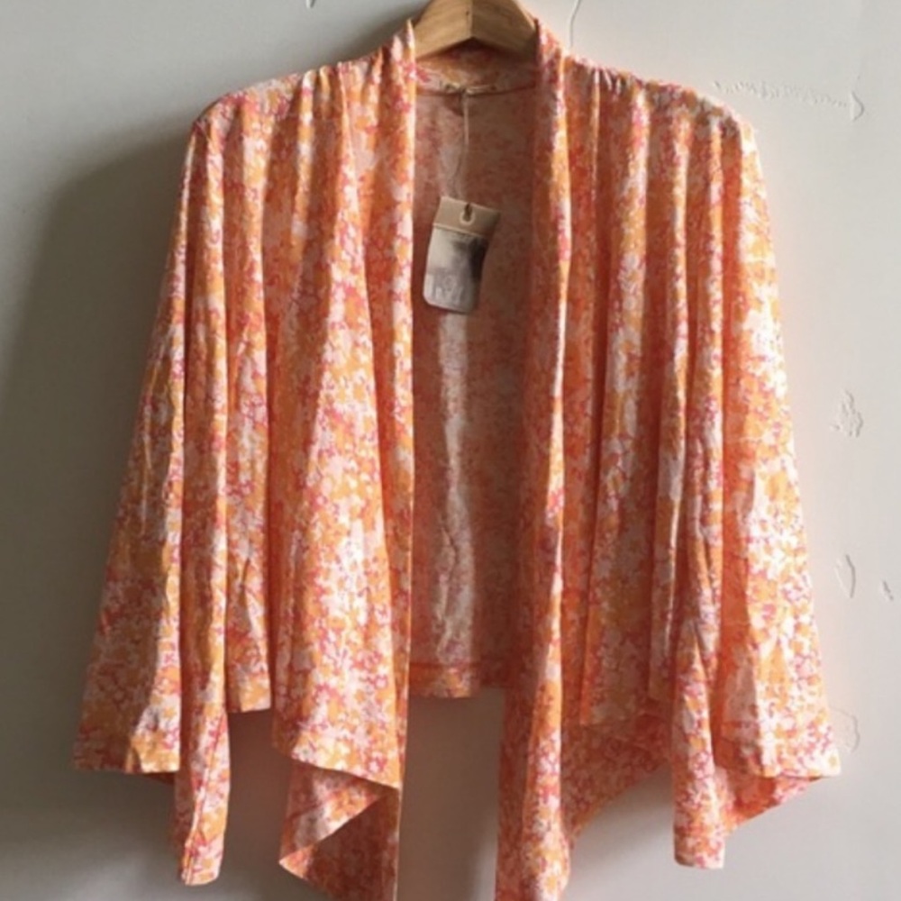Alternative Apparel Peach-Orange Floral Open Front Kimono Wrap